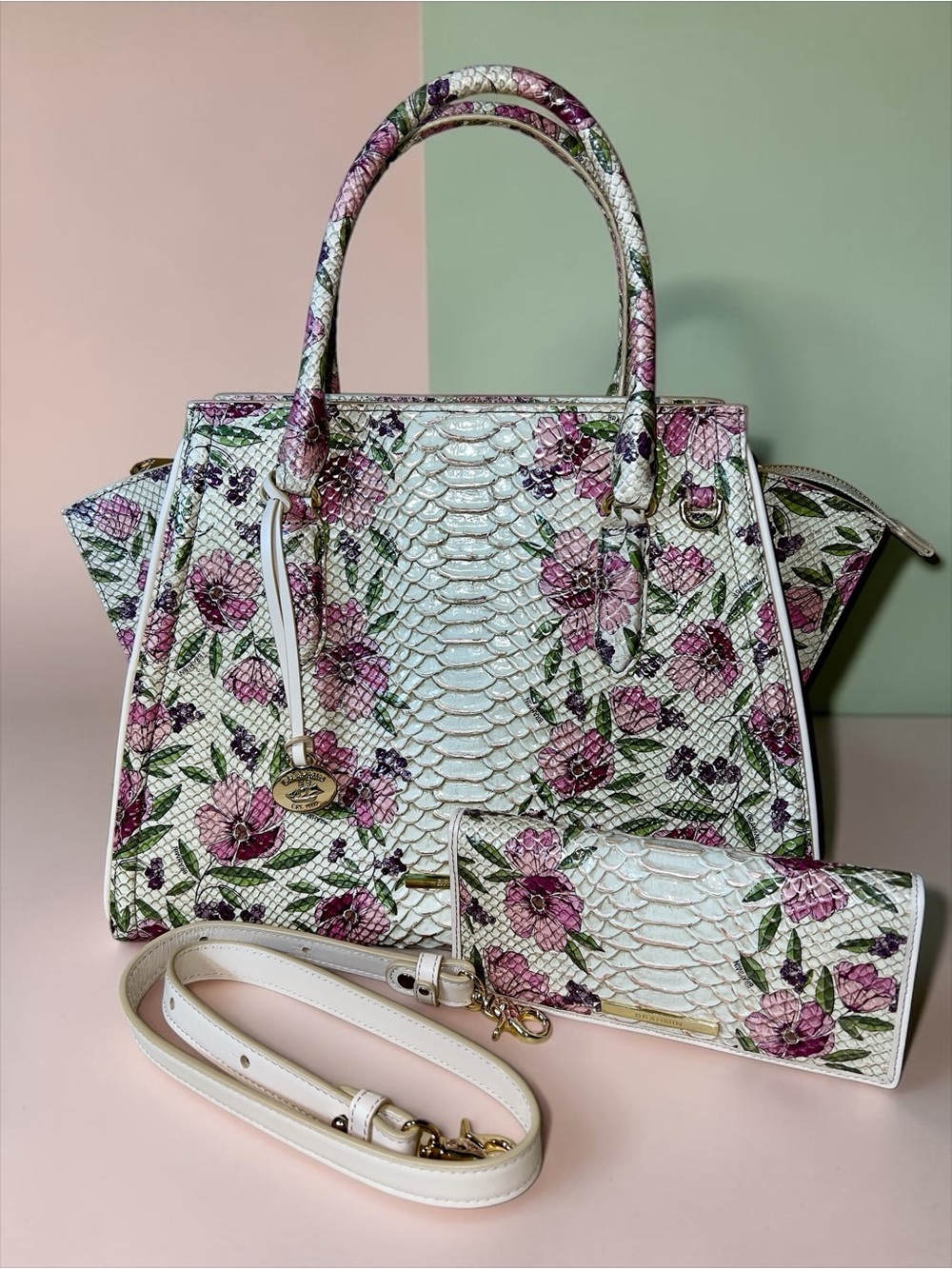 NWT Brahmin Leather PRISCILLA Satchel & ADY Wallet, Floral Ivory Labyrinth